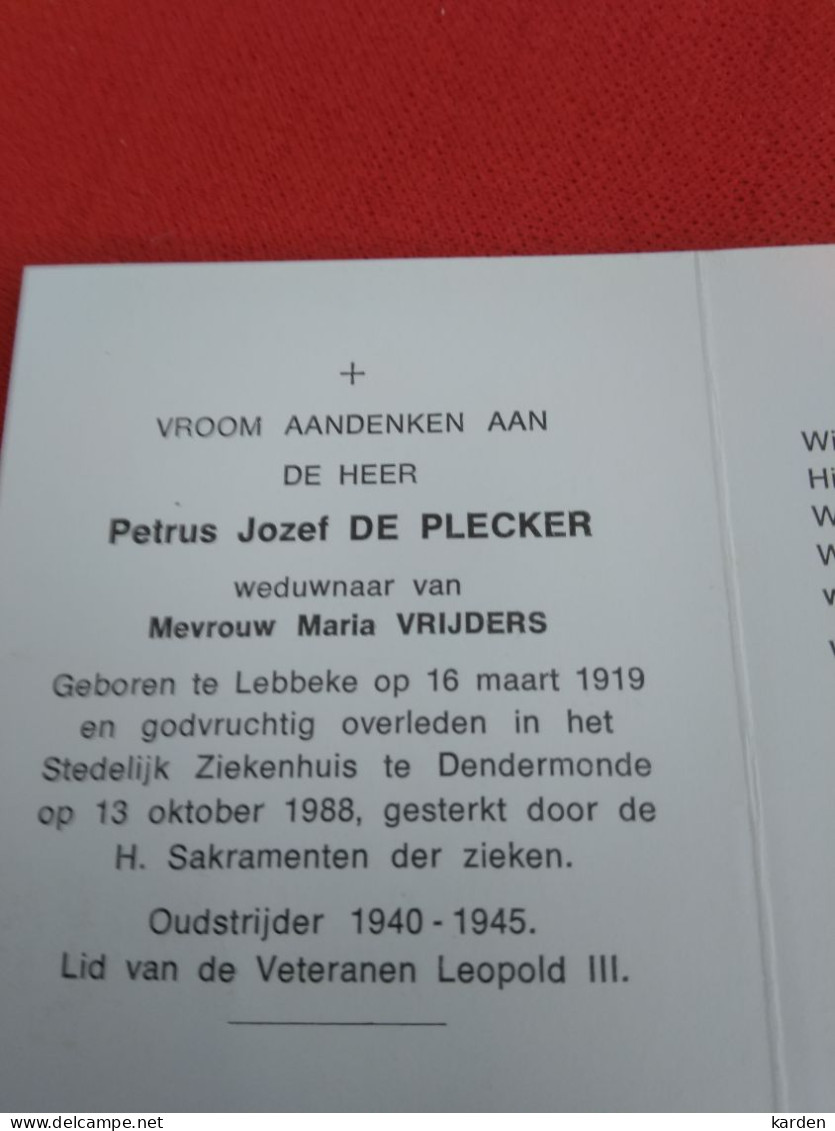 Doodsprentje Petrus Jozef De Plecker / Lebbeke 16/3/1919 Dendermonde 13/10/1988 ( Maria Vrijders ) - Religion & Esotérisme