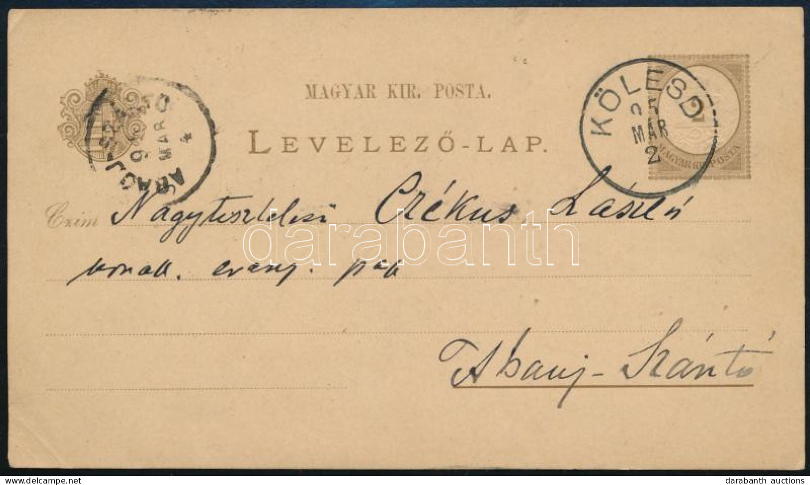 1895 2kr Díjjegyes Levelezőlap "KÖLESD" - Abaújszántó - Other & Unclassified