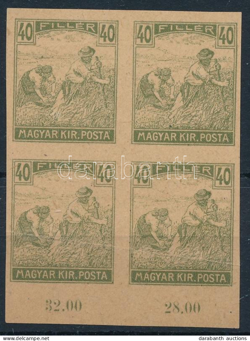 (*) 1916 Arató 40f Próbanyomat ívszéli Négyestömb, Vízjel Nélküli, Enyvezetlen Papíron (hajtott / Folded) - Otros & Sin Clasificación