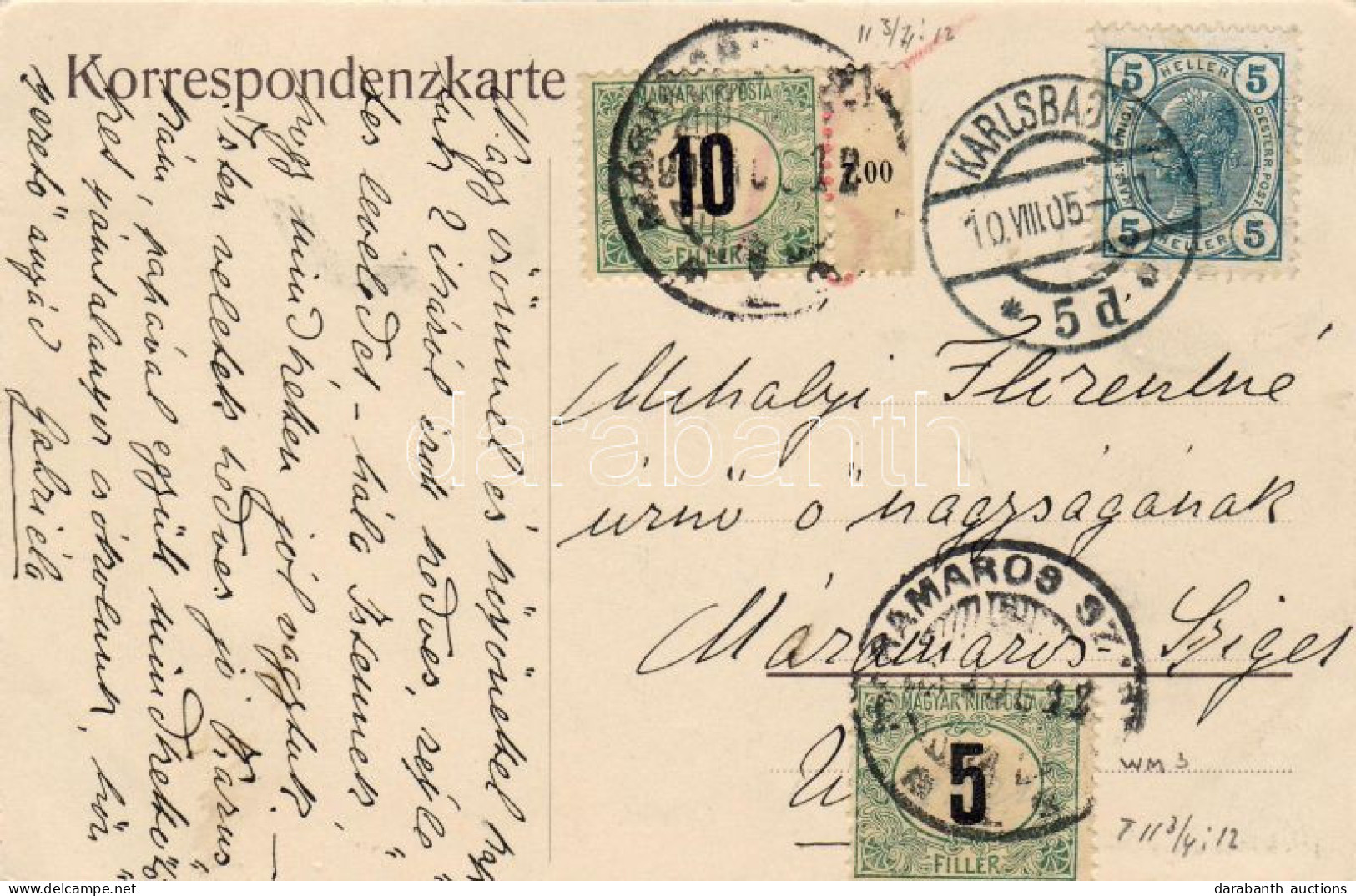 1905 1903 Zöldportó 5f és 10f Képeslapon Karlsbadból "MÁRAMAROSSZIGET" - Sonstige & Ohne Zuordnung