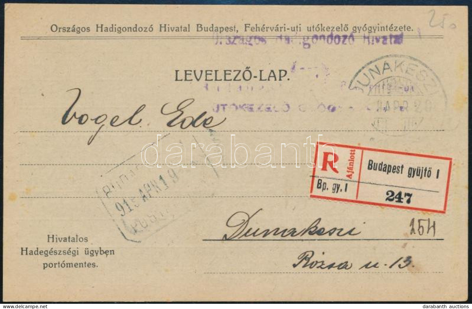 1919 Ajánlott Portómentes Levelezőlap "BUDAPEST GYŰJTŐ I" Ragjeggyel - Altri & Non Classificati