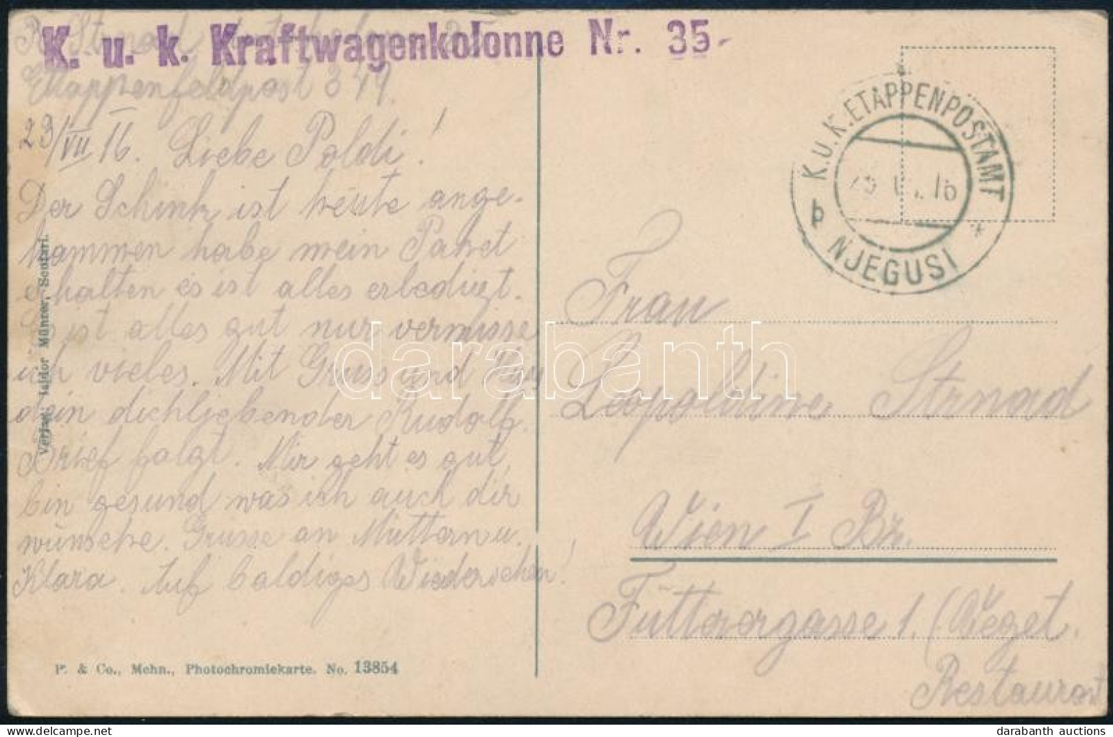 1916 Képeslap / Postcard "K.u.k. Kraftwagenkolonne Nr. 35" + "EP NJEGUSI B" - Autres & Non Classés