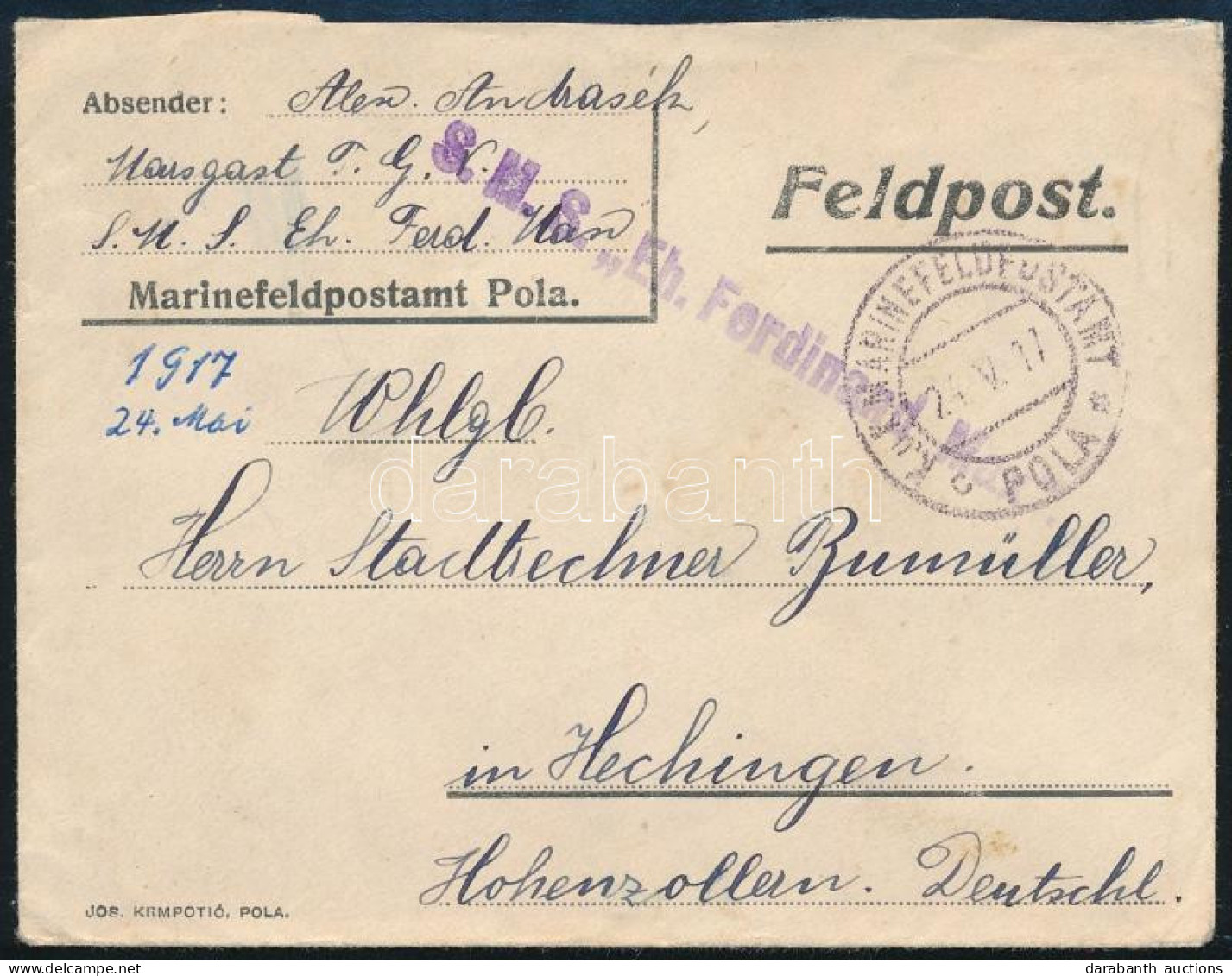 1917 Tábori Posta Levél "K.u.K. MARINEFELDPOSTAMT POLA" , "S.M.S. Eh. Ferdinand Max" - Other & Unclassified