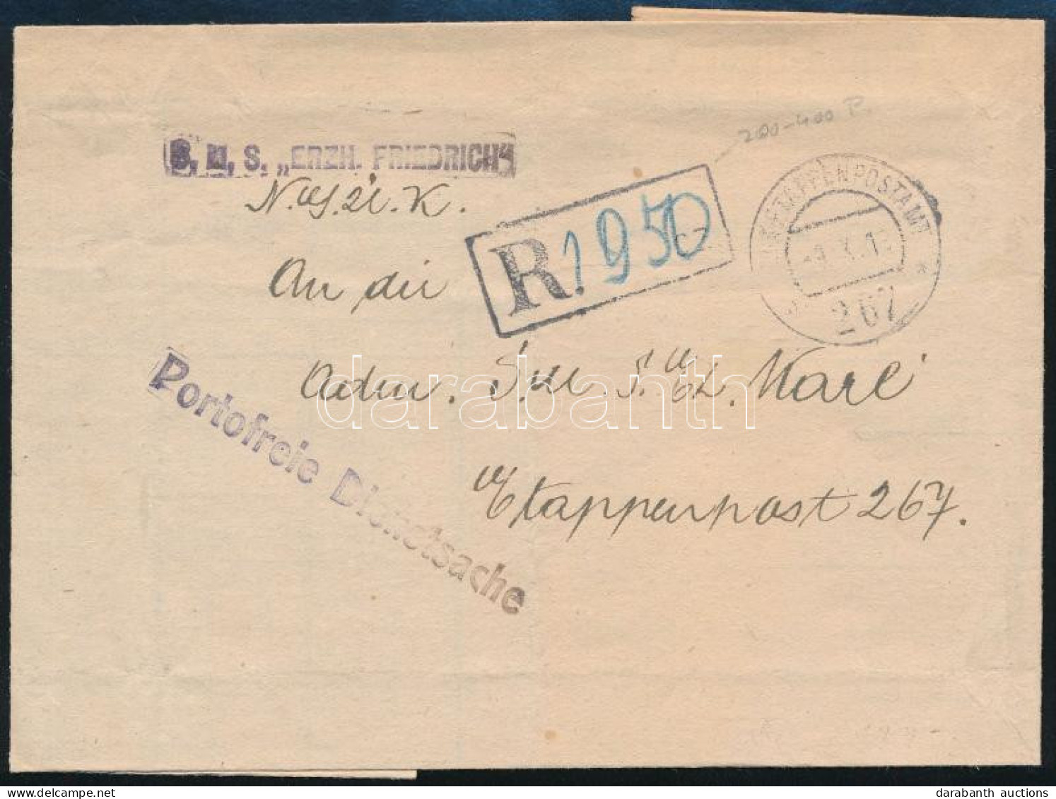 1918 Ajánlott Gegen-Überrechnungskinsignation Tábori Posta Levélként Feladva "K.u.K. ETTAPENPOSTAMT / 267" , "S.M.S. ERZ - Autres & Non Classés