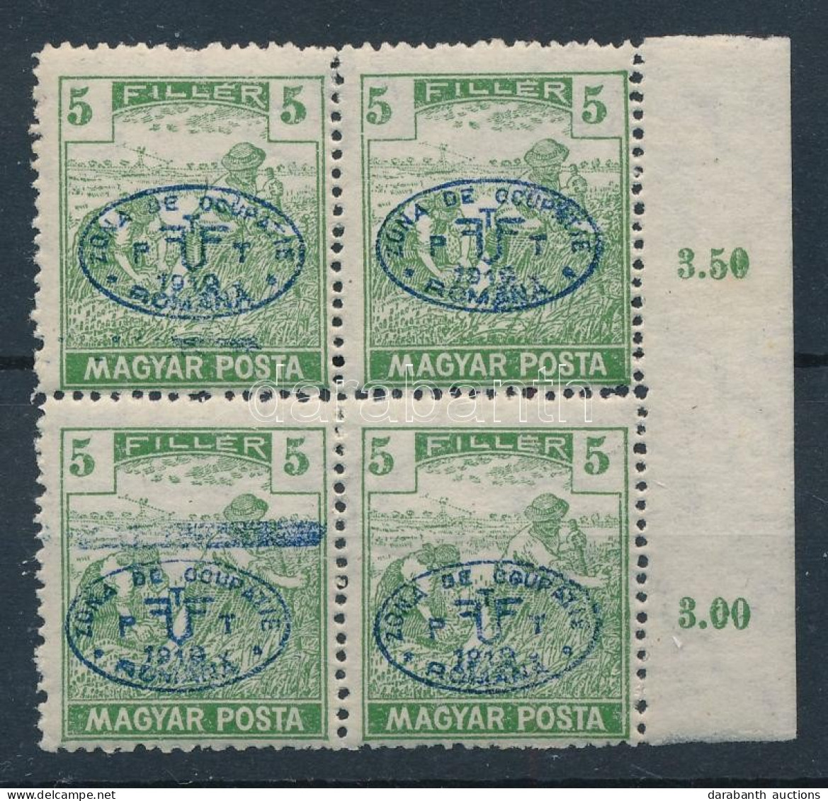 ** Debrecen I. 1919 Magyar Posta 5f ívszéli 4-es Tömbben, A Bal Alsó Bélyegen Szegélyléc Lenyomat, Bodor Vizsgálójellel - Otros & Sin Clasificación