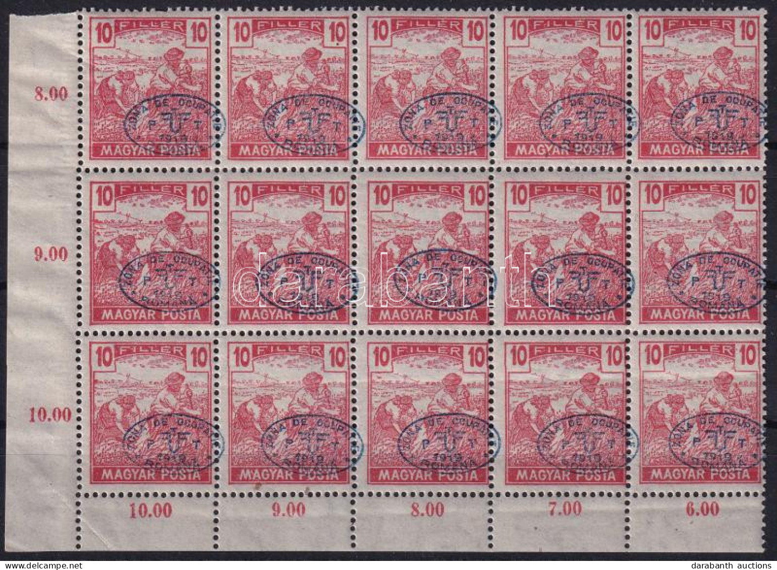 ** Debrecen I. 1919 Magyar Posta 10f ívsarki 15-ös Tömb Elcsúszott Felülnyomással / Mi 67 Corner Block Of 15 With Shifte - Sonstige & Ohne Zuordnung