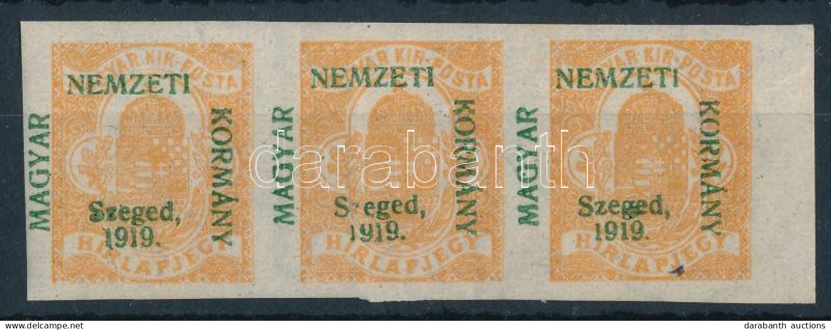 ** Szeged 1919 Hírlapbélyeg Hármascsík Elcsúszott Felülnyomással és Annak Gépszínátnyomatával, "S Eged" Lemezhibával, Bo - Other & Unclassified