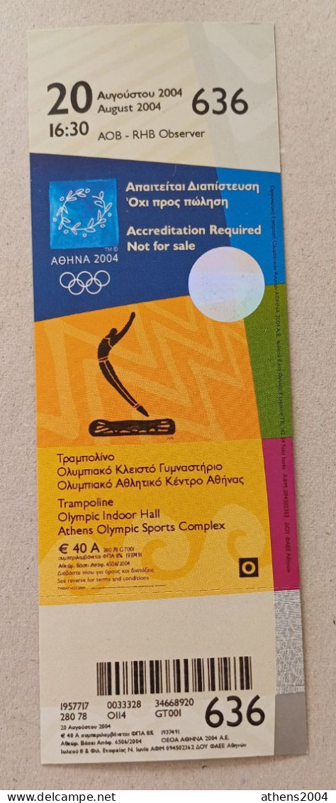 Athens 2004 Olympic Games - Trampoline Unused Ticket, Code: 636 - Bekleidung, Souvenirs Und Sonstige