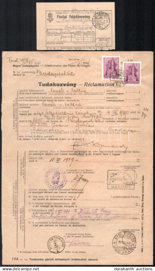 1939.07.14. Tudakozvány Romániába Küldött Ajánlott Levélről Templom 2 X 30f Bérmentesítéssel + A Tudakozvány Feladóvevén - Autres & Non Classés