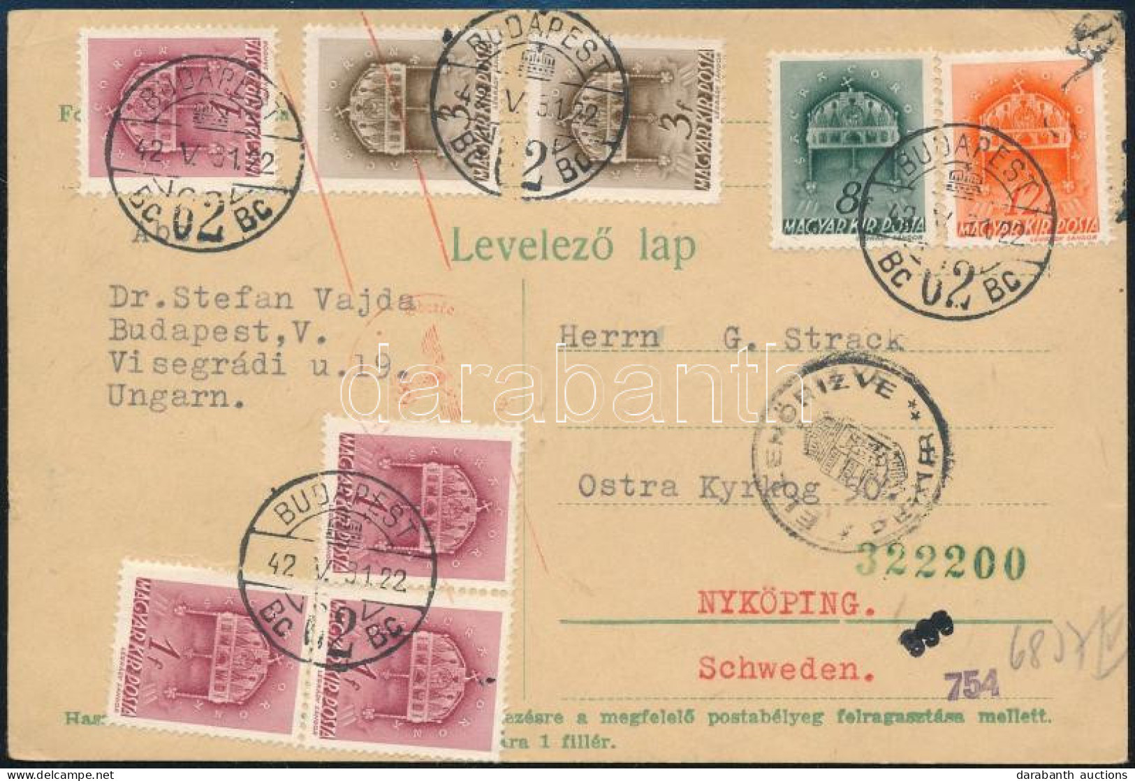 1942 Levelezőlap 8 Db Bélyeggel Budapestről Svédországba / Postcard To Sweden - Autres & Non Classés