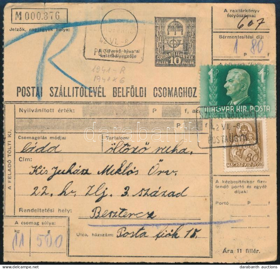 1942 Díjjegyes Postai Szállítólevél 80f és 1P Bérmentesítéssel "SZILÁGYSÁMSON" Postaügynökségi Bélyegzéssel - Autres & Non Classés