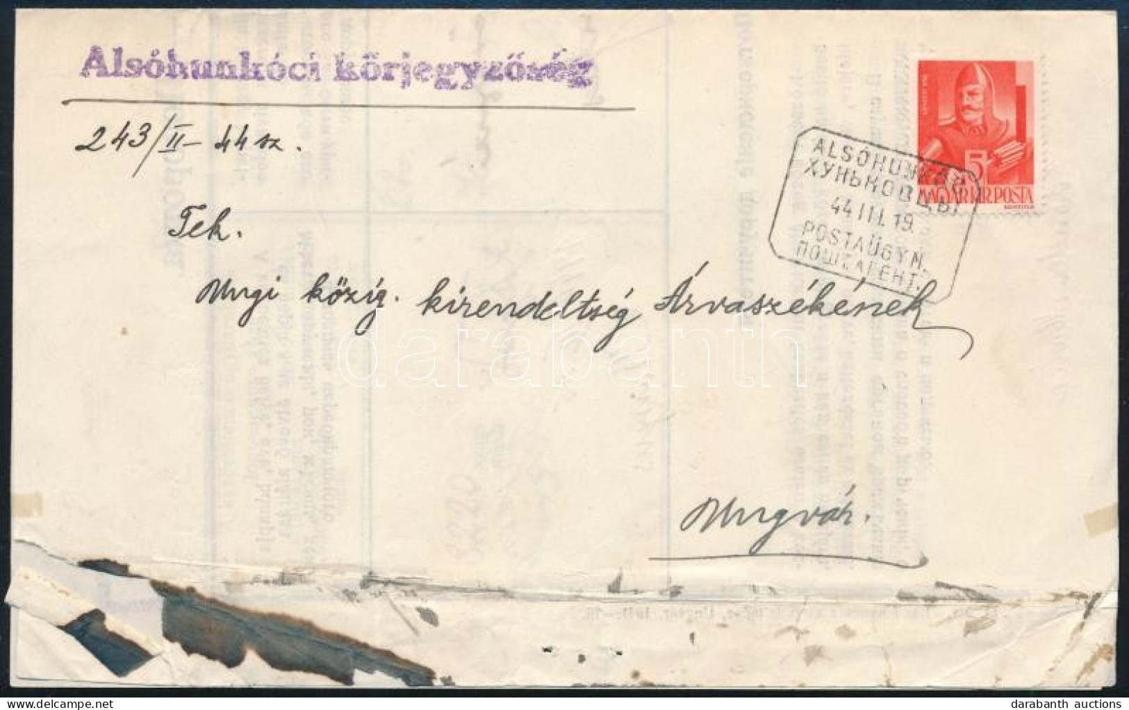 1944 Kétnyelvű Tértivevény 5f Bérmentesítéssel és Kétnyelvű "ALSÓHUNKÓC" Postaügynökségi Bélyegzéssel Ungvárra - Other & Unclassified