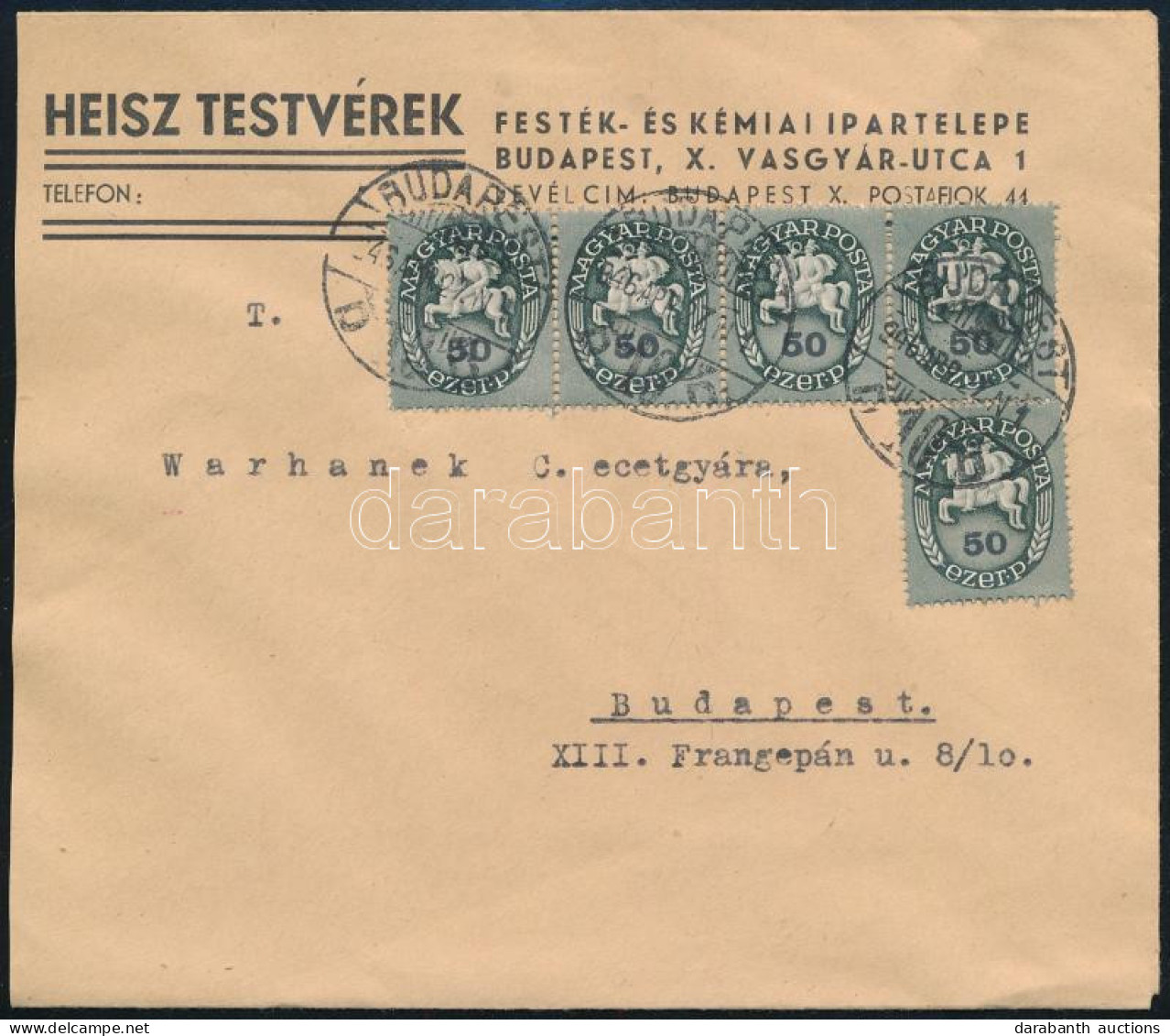 1946 (13. Díjszabás) Budapest Helyi Levél 5 Db Lovasfutár 50 Ezer P Bélyeggel - Otros & Sin Clasificación