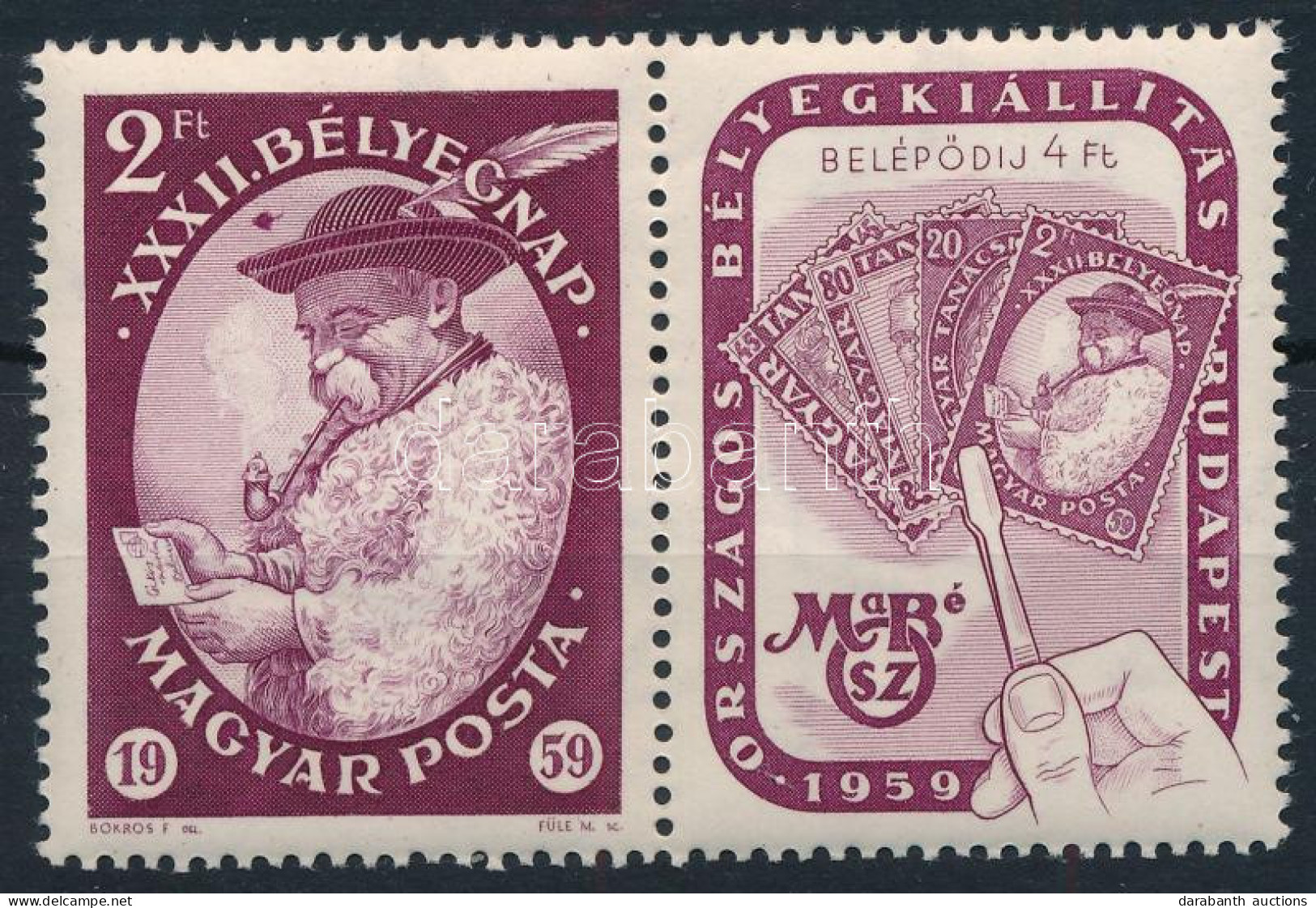 ** 1959 Bélyegnap (32.) Szelvényes Bélyeg, A Kalap Felett "falevél" Lemezhiba - Other & Unclassified