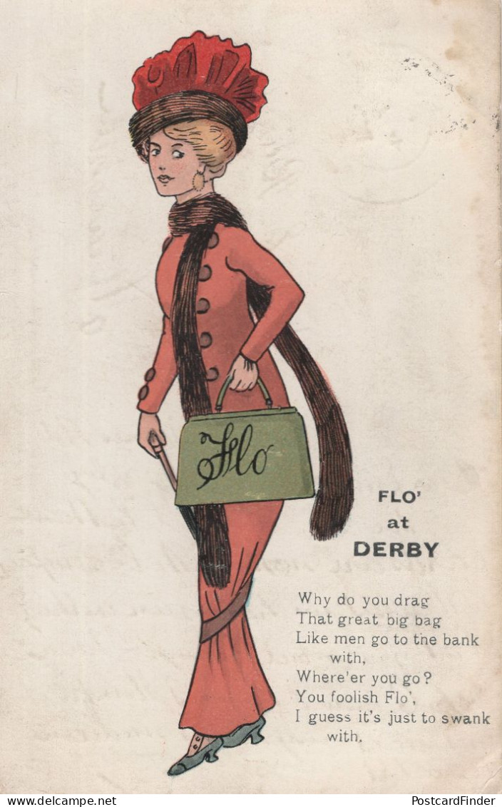 Derbyshire Flo At Derby Posh Money Fashion Bag Suffragette Postcard - Derbyshire