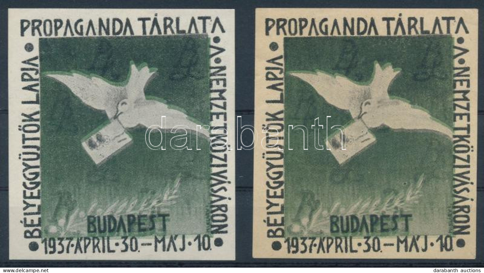 ** 1937/3a+3b Bélyeggyűjtők Lapja Propaganda Tárlata Emlékív Pár Eltolódott Színekkel (13.000) / Souvenir Sheet With Shi - Other & Unclassified