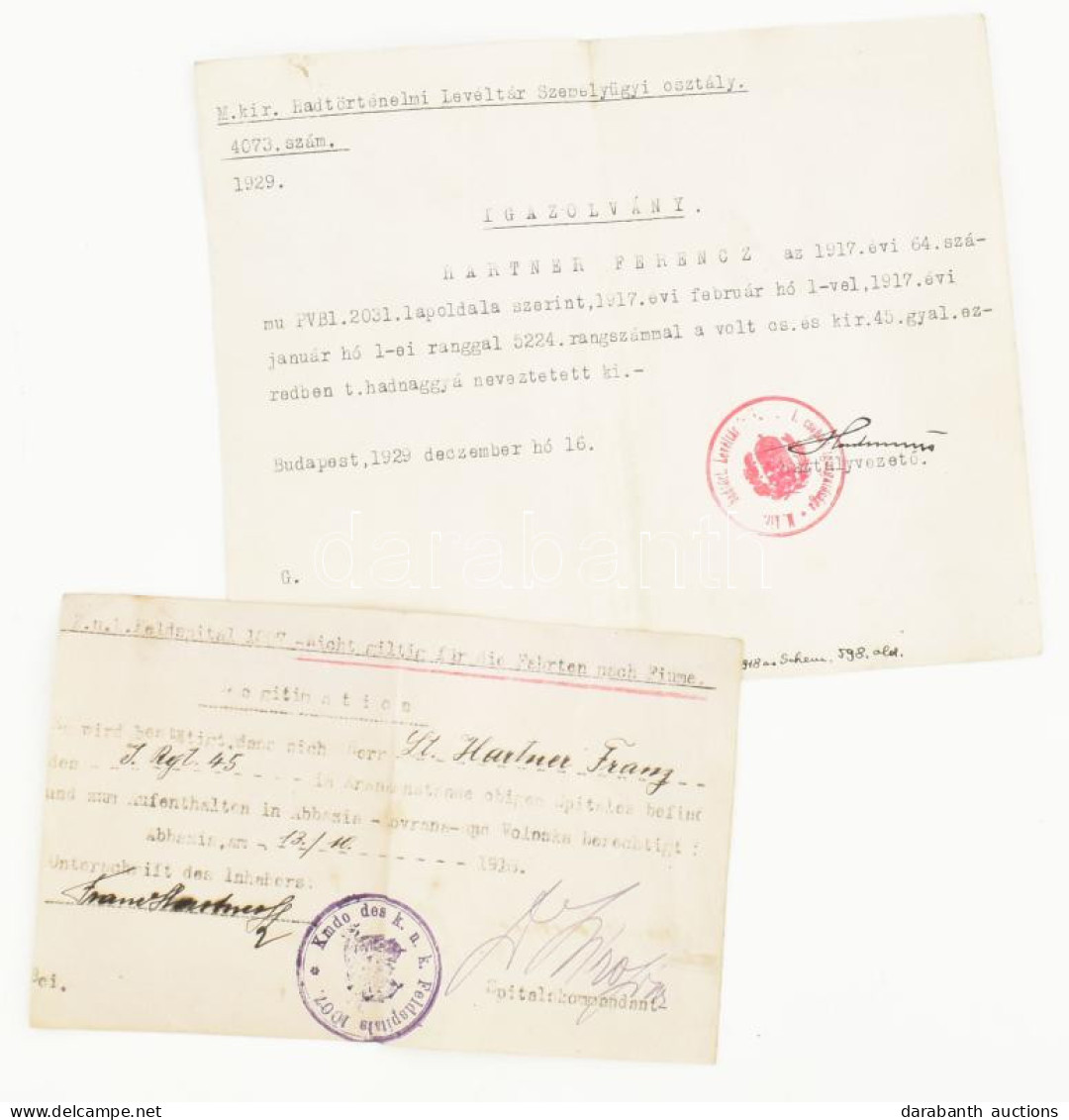 1918-1929 Hartner Ferenc, A Cs. és Kir. 45. Gyalogezred T. Hadnagyának 2 Db Irata: M. Kir. Hadtörténelmi Levéltár Személ - Other & Unclassified