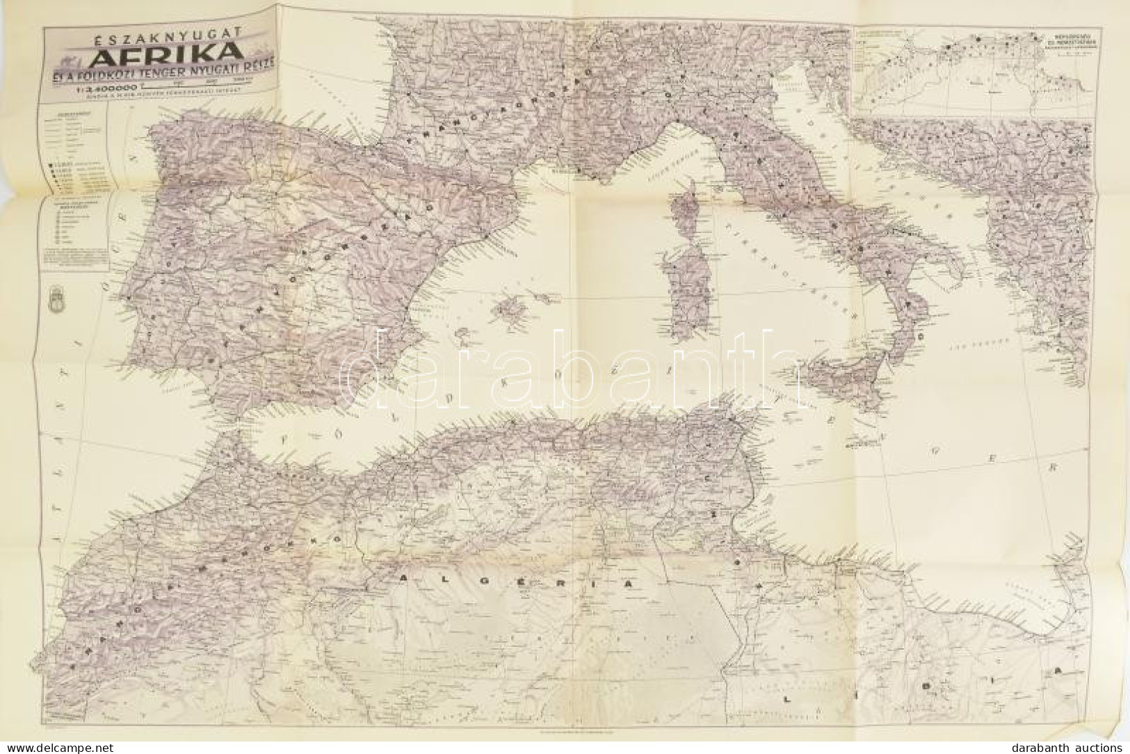 Cca 1942 Északnyugat-Afrika és A Földközi-tenger Nyugati Része,1:3,400.000, Bp., M. Kir. Térképészeti Intézet, Hajtott,  - Otros & Sin Clasificación