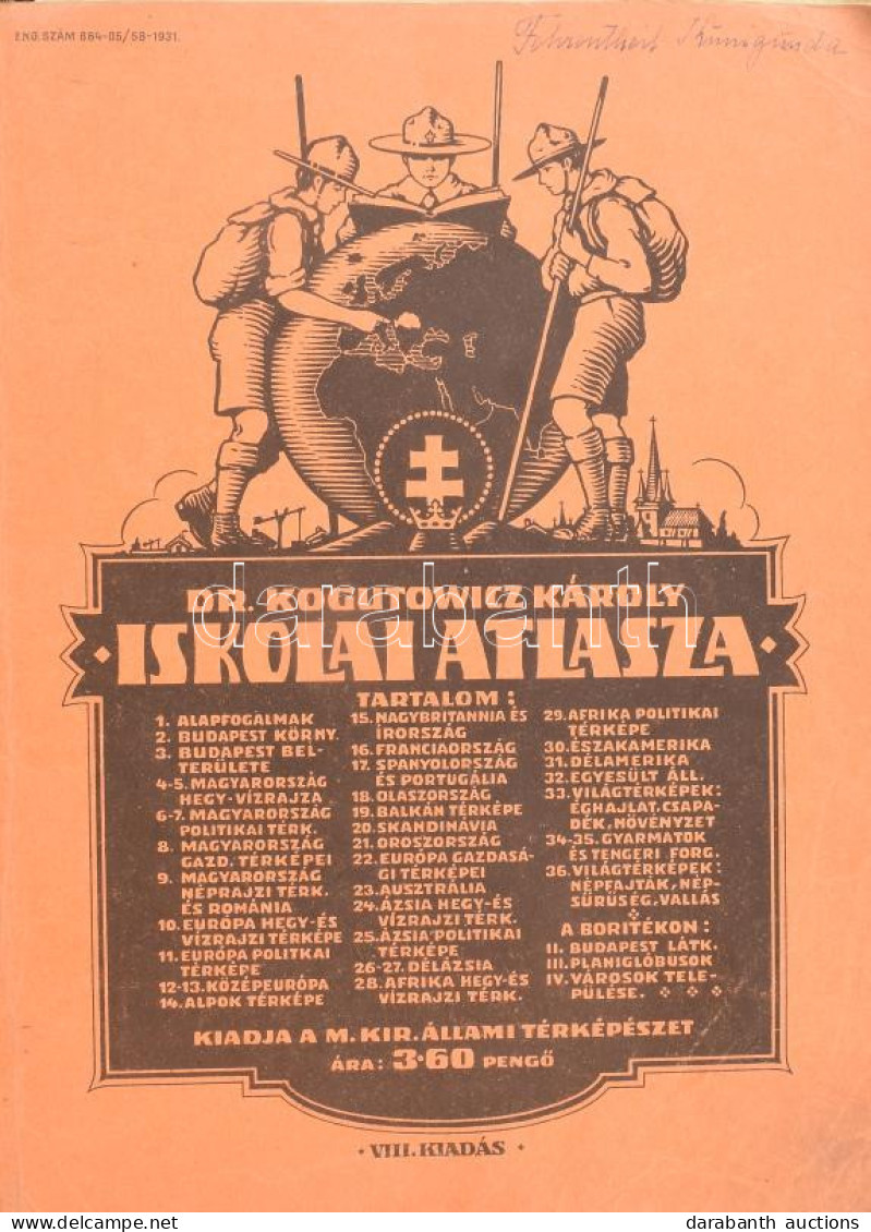 1931 Dr. Kogutowicz Károly Iskolai Atlasza. Bp., M. Kir. Állami Térképészet, 36 P. Sérült Félvászon-kötésben (eredeti Bo - Autres & Non Classés