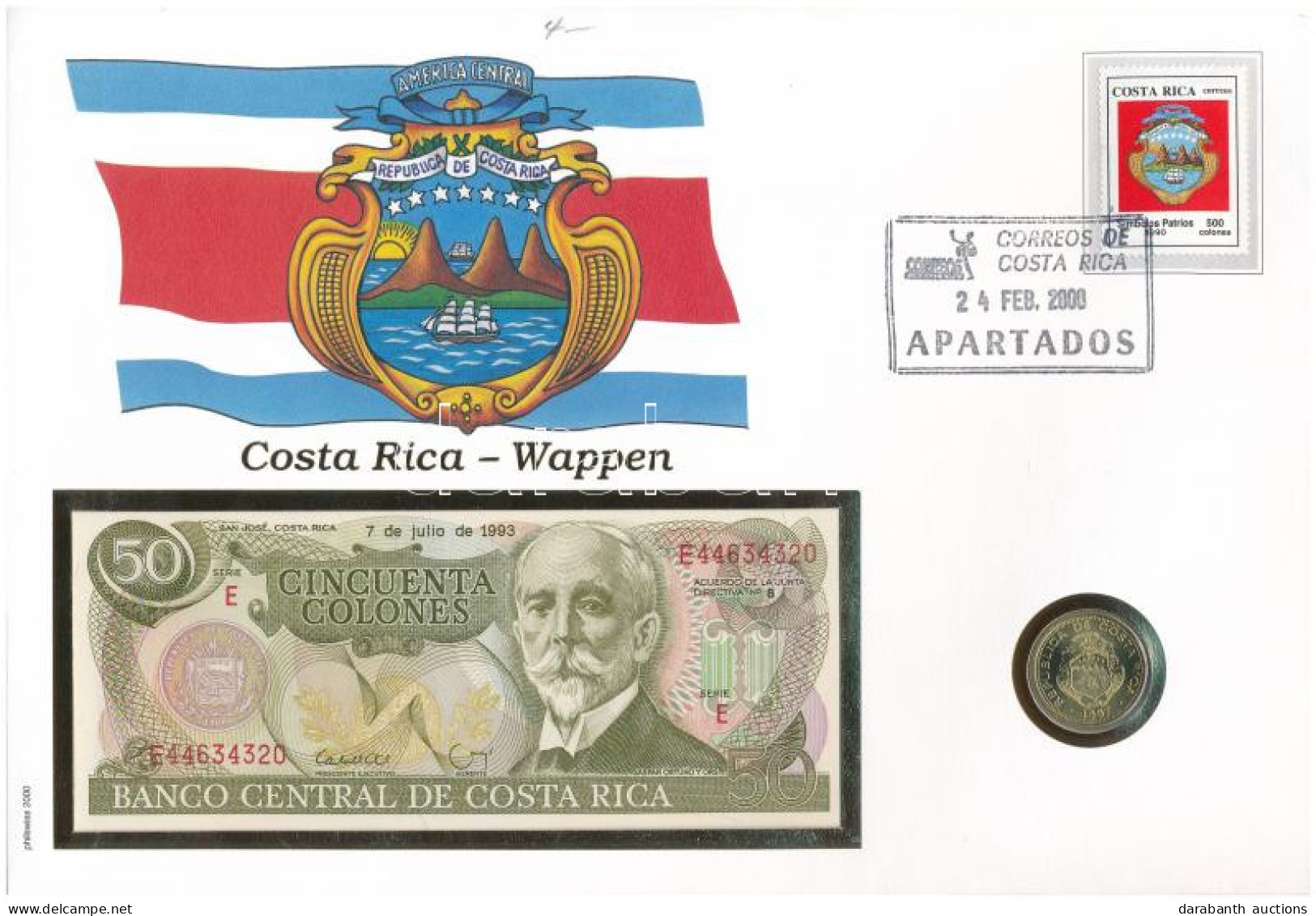 Costa Rica 1993. 100C + 1997. 10C Cu-Al-bronz Borítékban Bélyeggel és Bélyegzéssel T:UNC,AU  Costa Rica 1993. 100 Colone - Sin Clasificación