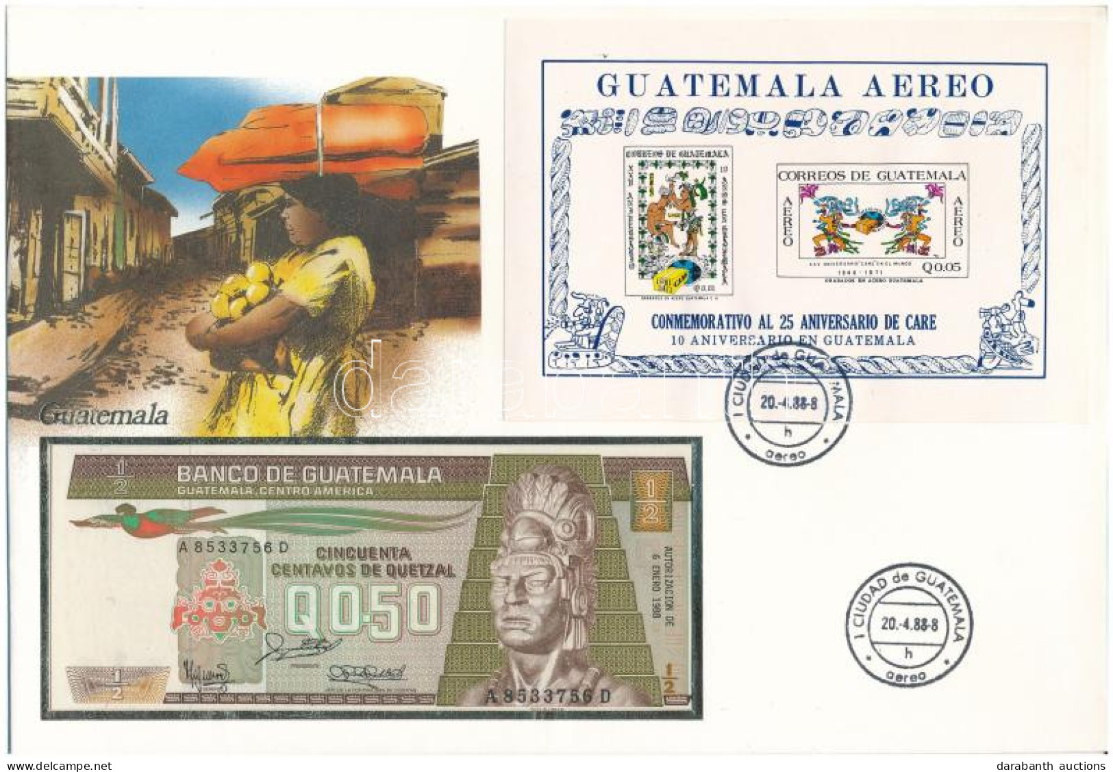 Guatemala 1988. 50c Felbélyegzett Borítékban, Bélyegzéssel T:UNC  Guatemala 1988. 50 Centavos In Envelope With Stamp And - Non Classés