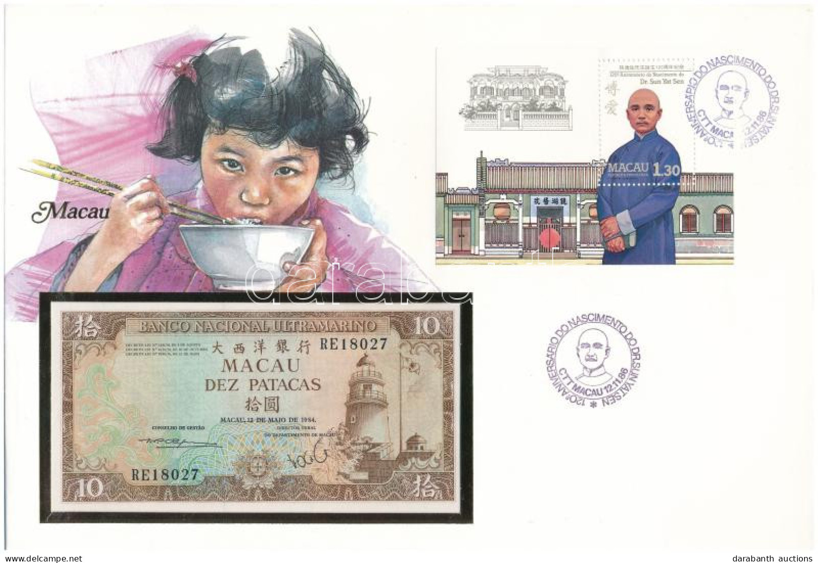 Makaó 1984. 10P Borítékban, Alkalmi Bélyeggel Bélyegzésekkel T:UNC  Macau 1984. 10 Patacas In Envelope With Stamps C:UNC - Unclassified