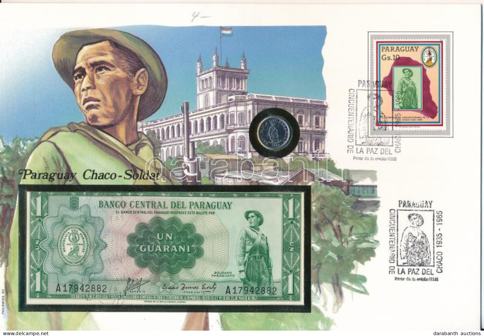 Paraguay 1984. 1G Acél + 1952. 1G Felbélyegzett "Chaco Katona" érmés és Bankjegyes Borítékban Alkalmi Bélyegzéssel, Néme - Ohne Zuordnung