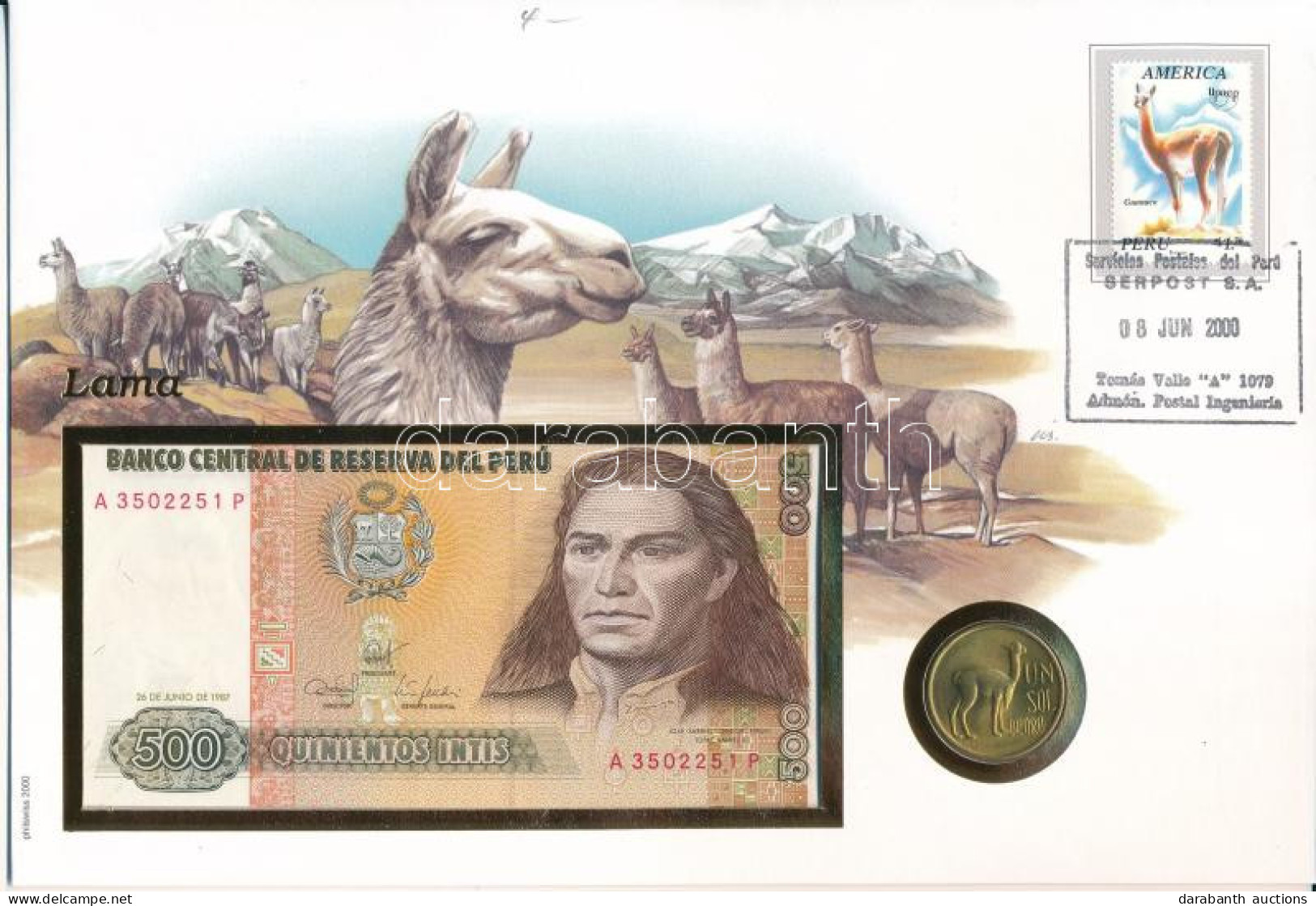 Peru 1987. 500I Bankjegy + 1975. 1S Sárgaréz Borítékban, Bélyeggel és Bélyegzéssel T:UNC,AU Peru 1987. 500 Intis Banknot - Ohne Zuordnung