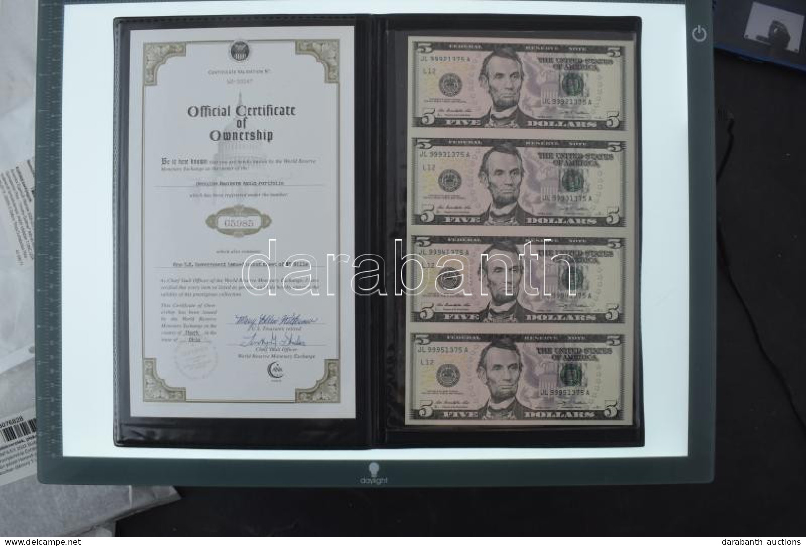 Amerikai Egyesült Államok 2009-2013. (2009) 5$ "Rosa Gumataotao Rios - Timothy Geithner" 4db-os ívben, Számozott Tanúsít - Unclassified