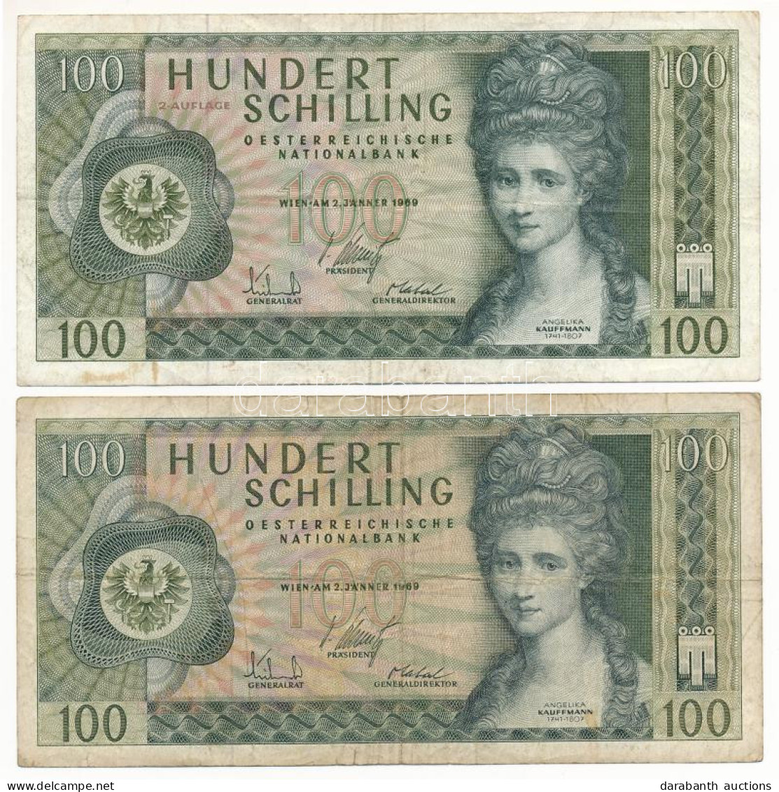 Ausztria 1969. 100Sch (I. Kiadás) (2x) T:F,VG Egyik Közepén Apró Ly. Austria 1969. 100 Schilling (1st Issue) (2x) C:F Sp - Non Classificati