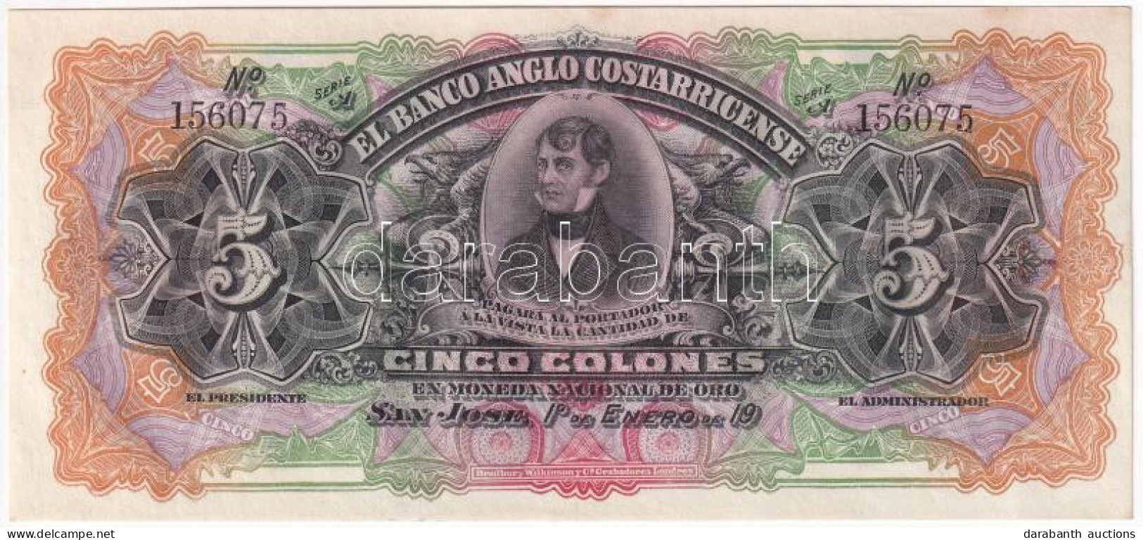 Costa Rica 1917. 5C Aláírás Nélküli T:AU Hullámos Papír Costa Rica 1917. 5 Colones Without Signatures C:AU Wavy Paper Kr - Ohne Zuordnung