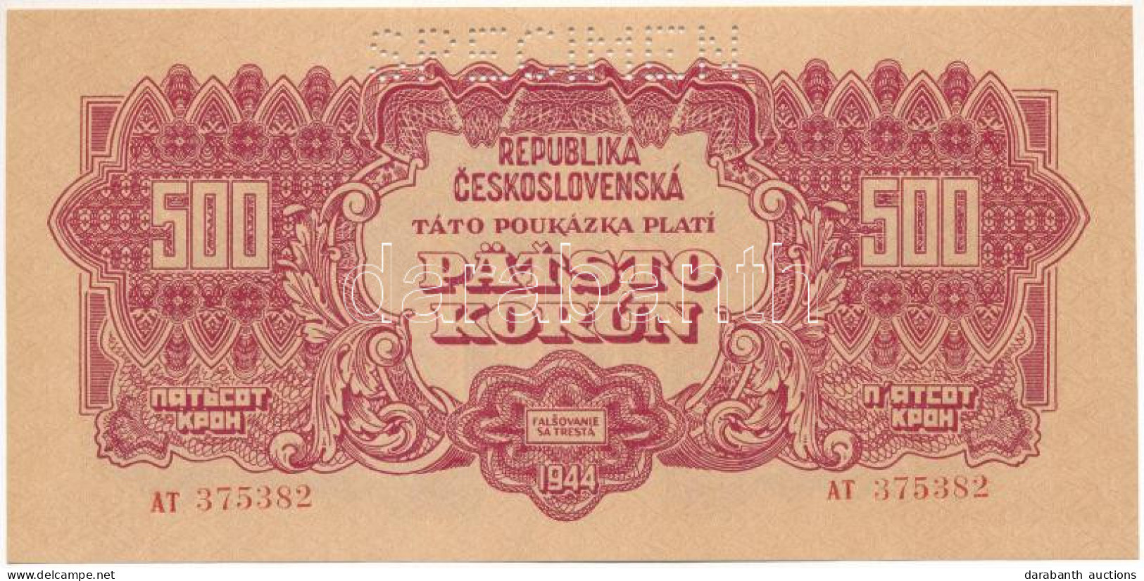 Csehszlovákia 1944. 500K "AT 375382", "SPECIMEN (MINTA)" Perforációval T:UNC Kis Sarokhajlás Czechoslovakia 1944. 500 Ko - Non Classés