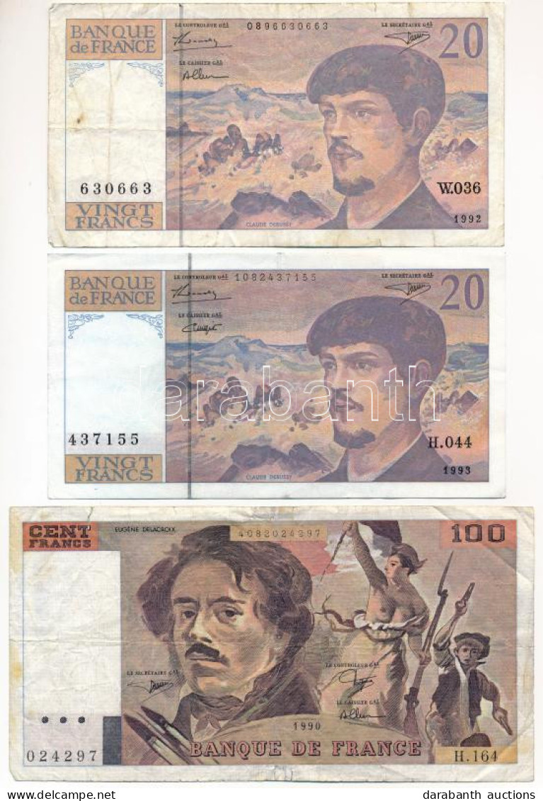 Franciaország 1990. 100Fr + 1992. 20Fr + 1993. 20Fr T:F France 1990. 100 Francs + 1992. 20 Francs + 1993. 20 Francs C:F - Unclassified