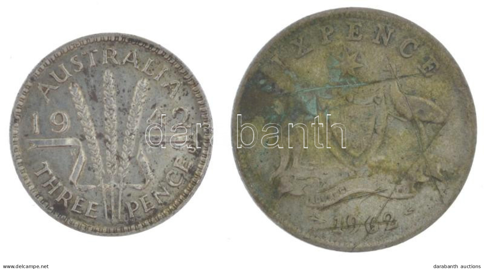 Ausztrália 1942. 3p Ag "VI. György" + 1962. 6p Ag "II. Erzsébet" T:XF,F Patina Australia 1942. 3 Pence Ag "George VI" +  - Zonder Classificatie