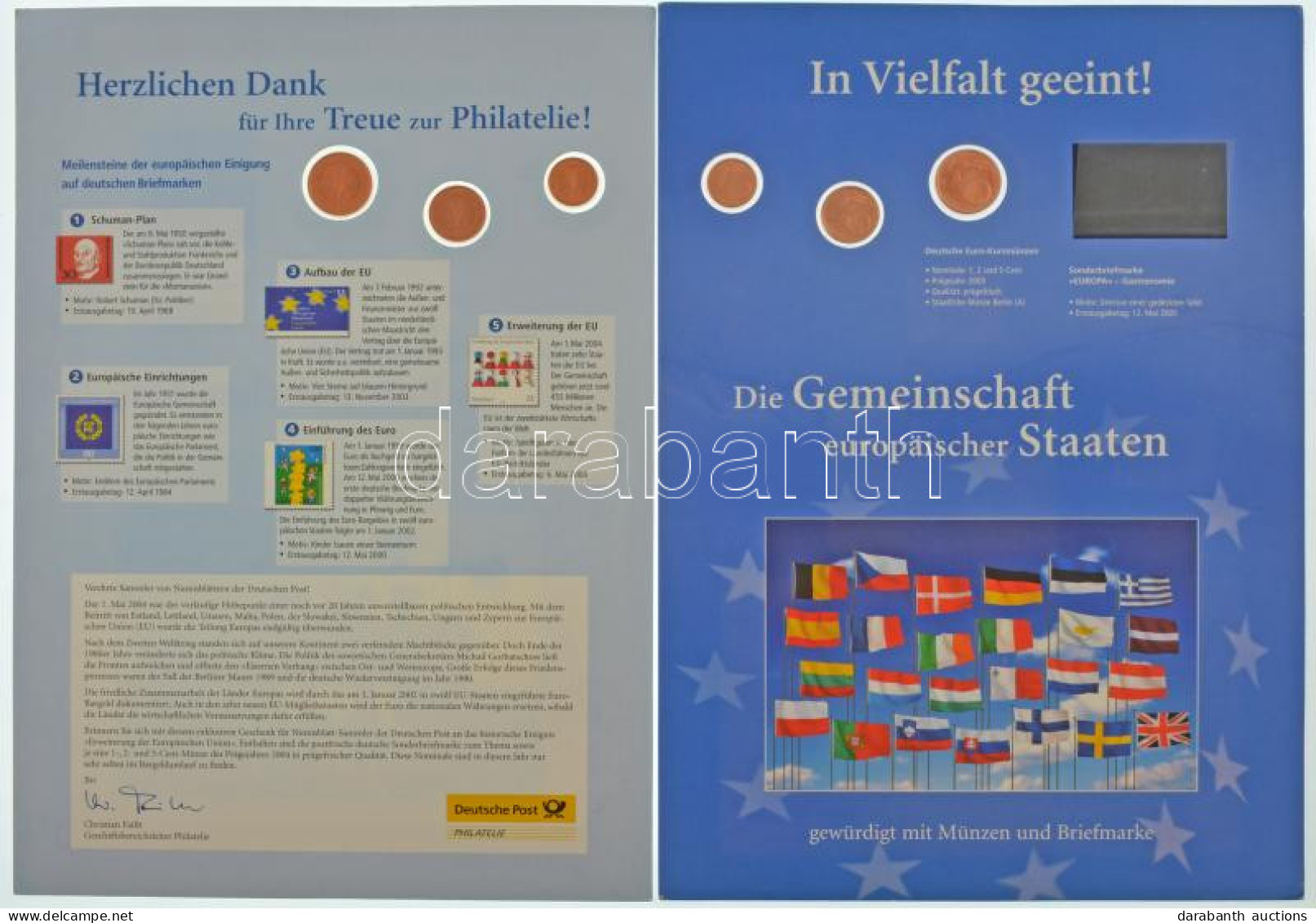 Németország 2004-2005. 1c + 2c + 5c 2xklf Szett "Deutsche Post" Információs Kartonon T:UNC Germany 2004-2005. 1 Cent + 2 - Ohne Zuordnung