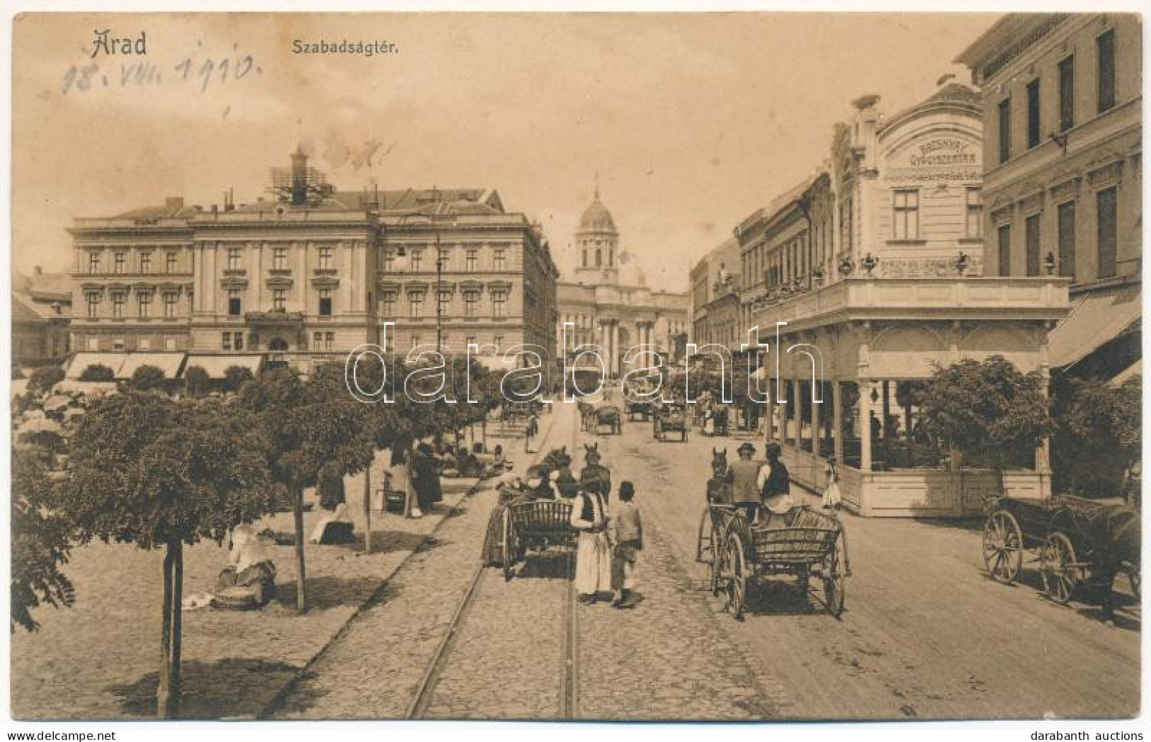 T2/T3 1910 Arad, Szabadság Tér, Rozsnyay Gyógyszertár, Városi Vasút, Piac. Kerpel Izsó Kiadása / Square, Pharmacy, Urban - Unclassified