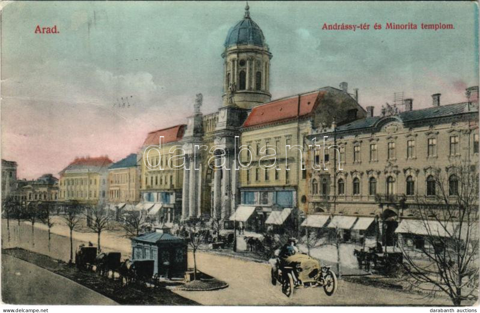 * T2/T3 1913 Arad, Andrássy Tér, Minorita Templom, Automobil Montázs / Square, Church, Automobile Montage (fa) - Ohne Zuordnung