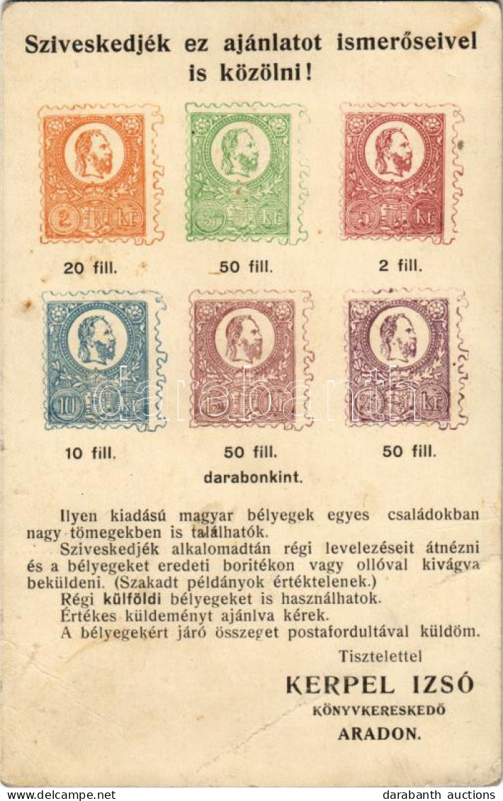 * T3 Arad, Kerpel Izsó Könyvkereskedő Reklámlapja, Ajánlat Bélyegekre / Publisher's Advertisement Card, Offer For Stamps - Non Classés