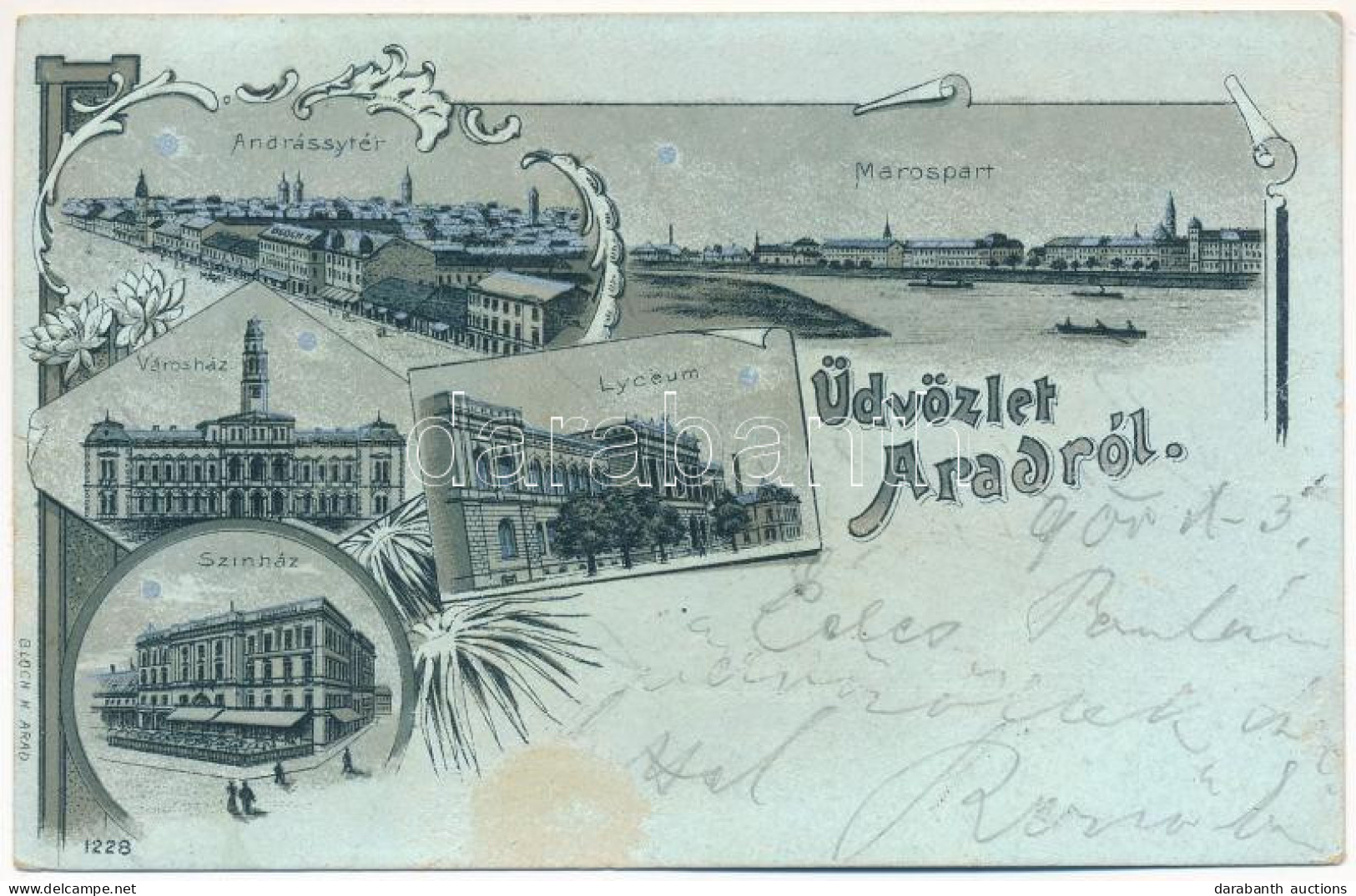 T3 1900 Arad, Andrássy Tér, Maros Part, Líceum, Városház, Színház / Square, Mures Riverside, School, Town Hall, Theatre. - Non Classés