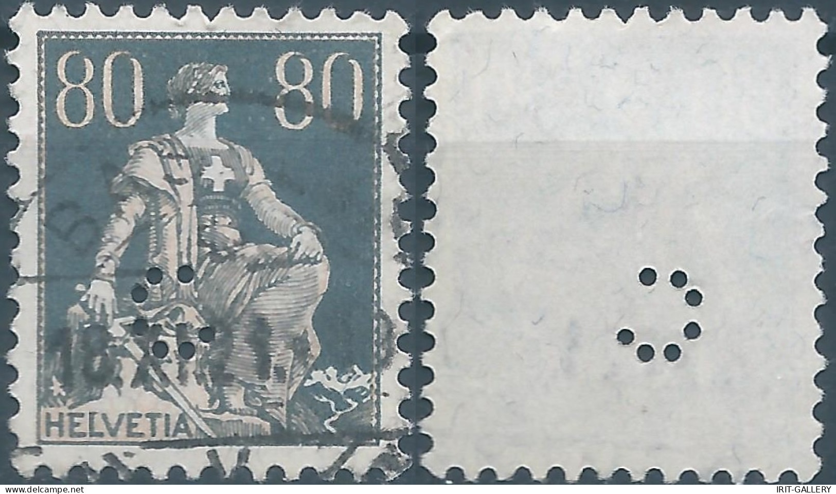 Svizzera-Switzerland-Schweiz-Suisse,HELVETIA,1915 -1918 , Helvetia With The Sword 80(C)grey (PERFIN) - Perfins