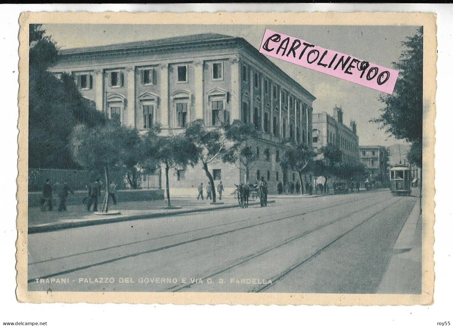 Sicilia-trapani Via G.b.fardella Veduta Tram D'epoca Persone Palazzo Del Governo Fine Anni 30 (v.retro) - Trapani