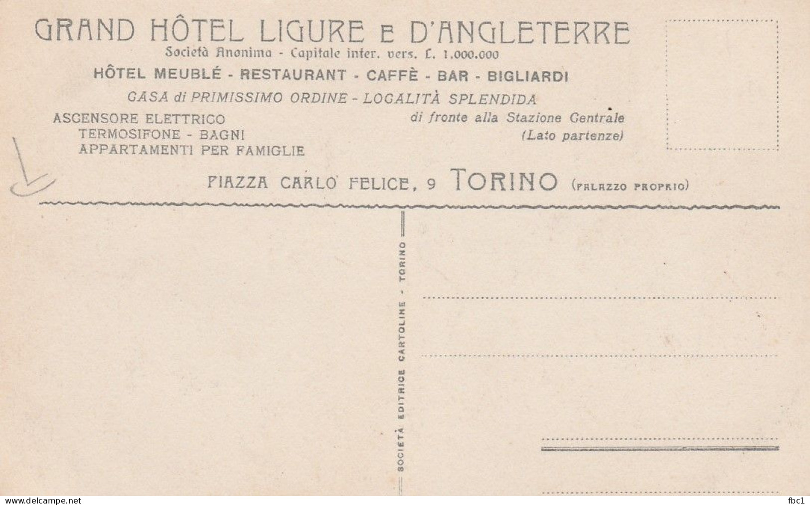 Italie - Turin - Torino - Grand Hôtel Ligure E D'Angleterre - Piazza Carlo Felice - Bar, Alberghi & Ristoranti