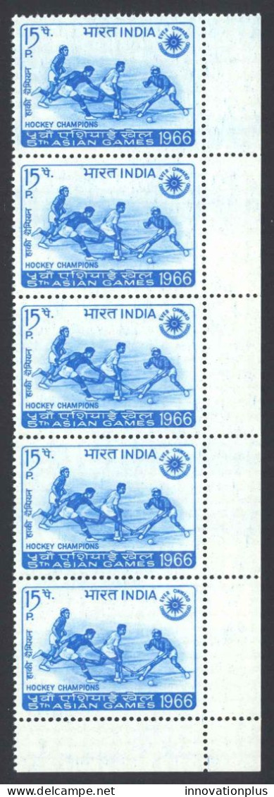 India Sc# 443 MNH Strip/5 1966 Hockey - Unused Stamps