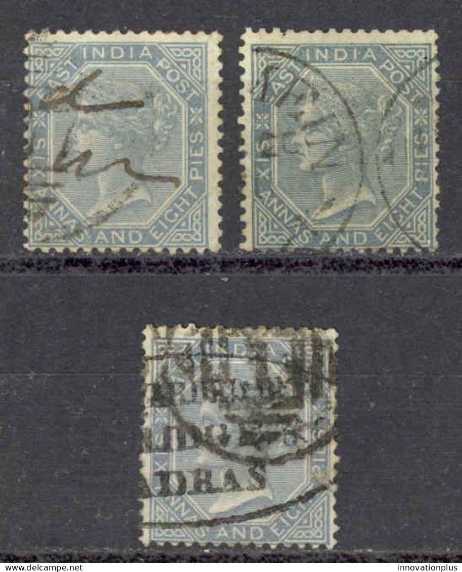 India Sc# 27 Used Lot/3 1866-1868 6a 8p Queen Victoria  - 1858-79 Compagnie Des Indes & Gouvernement De La Reine