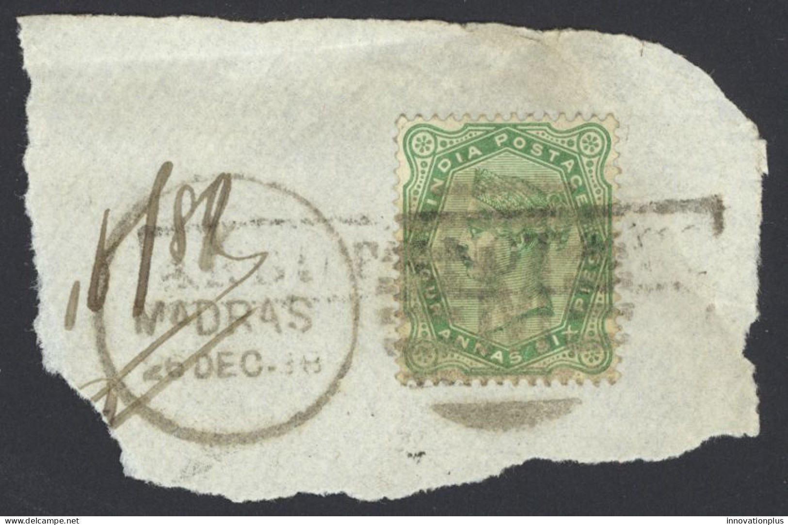 India Sc# 43 Used (b) On Cover Remnant (26DEC88) 1882-1887 4a6p Queen Victoria  - 1882-1901 Imperio