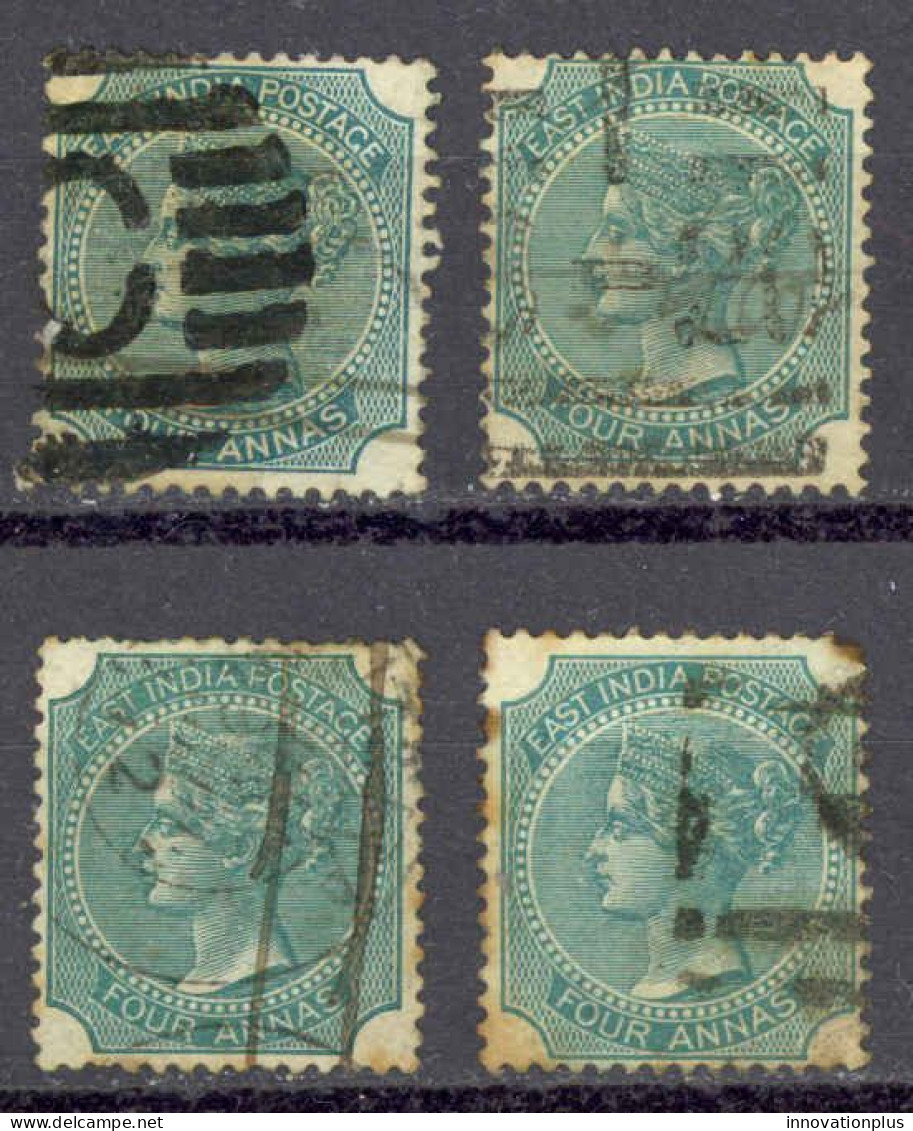 India Sc# 26 Used Lot/4 1866-1868 4a Green Queen Victoria  - 1858-79 Compagnie Des Indes & Gouvernement De La Reine