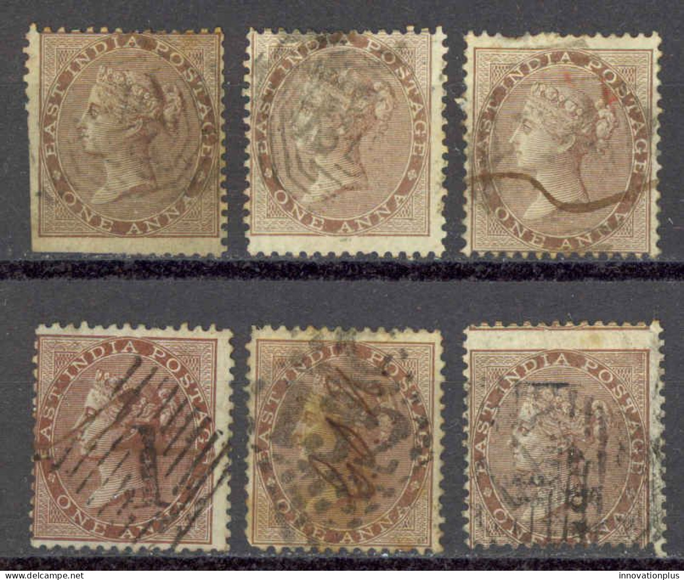 India Sc# 12 Used Lot/6 1855-1864 1a Queen Victoria  - 1858-79 Compagnie Des Indes & Gouvernement De La Reine