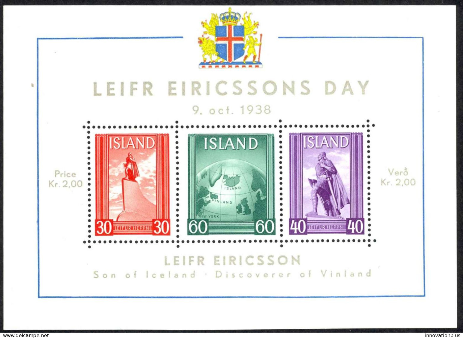 Iceland Sc# B6 MH Souvenir Sheet 1938 Leif Ericsson Day - Nuovi