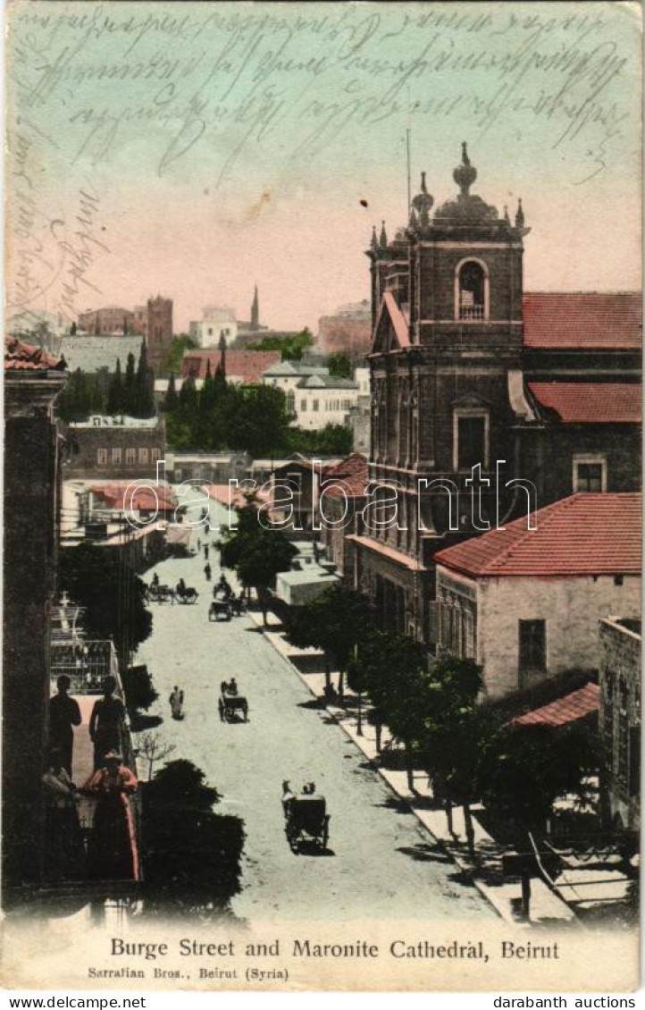 T2/T3 1909 Beirut, Beyrouth; Burge Street And Maronite Cathedral / SMS Erzherzog Karl Fedélzetéről írt Levél (K.u.k. Kri - Non Classés