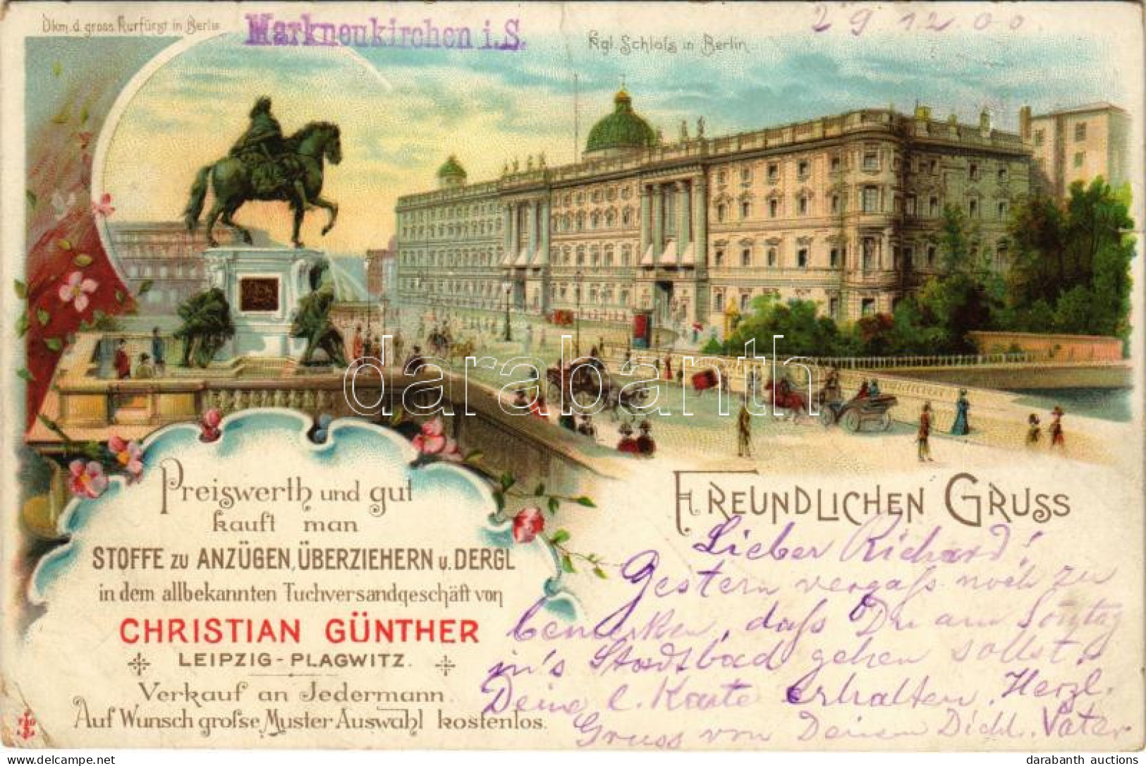 T2/T3 1900 Berlin, Denkmal D. Gross Kurfürst, Kgl. Schloss. Art Nouveau, Floral, Litho (small Tear) - Ohne Zuordnung